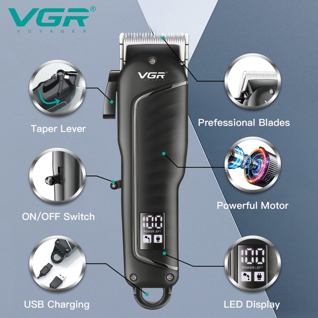 Машинка для стрижки волосся електрична акумуляторна VGR V-683 Pro Чорний + 4 Насадки 