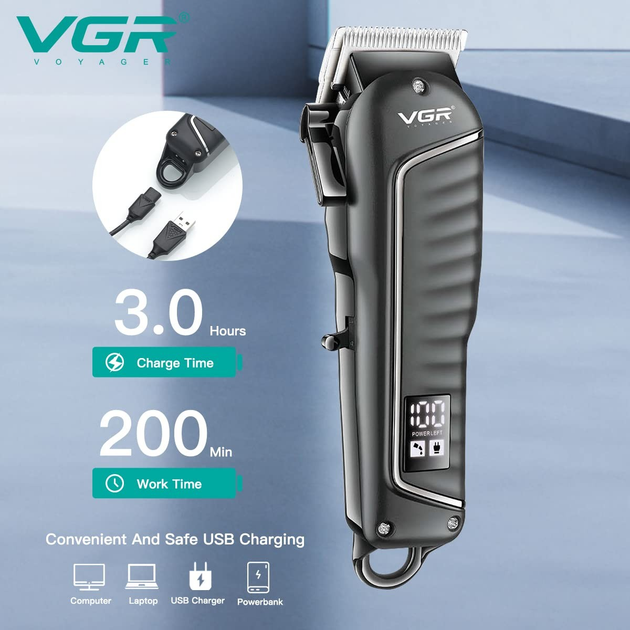 Машинка для стрижки волосся електрична акумуляторна VGR V-683 Pro Чорний + 4 Насадки 