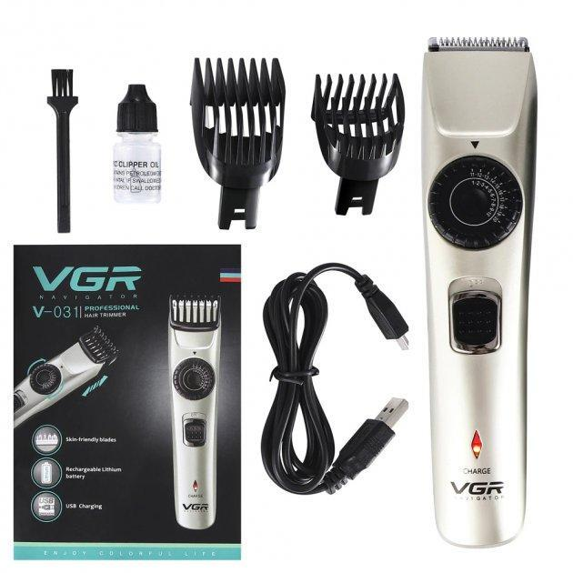 Акумуляторна машинка для стрижки волосся VGR V-031 тример для бороди і вусів з 2 змінними насадками